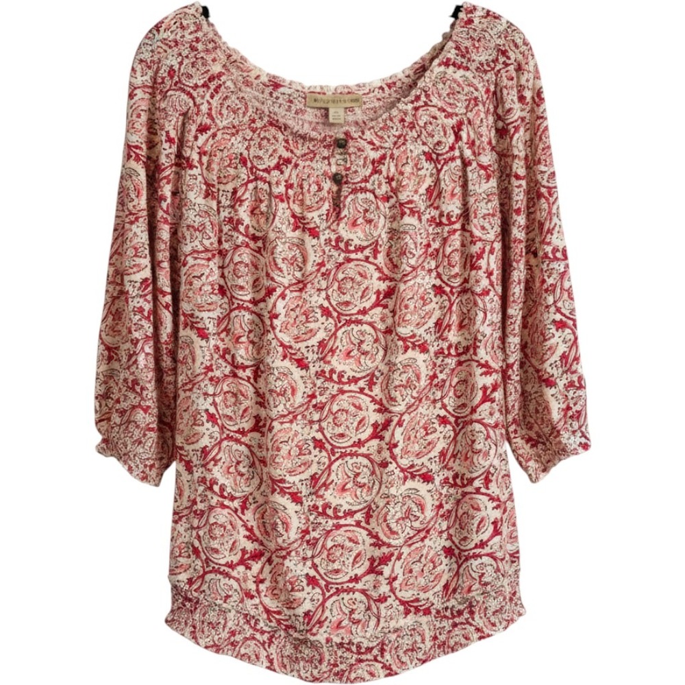 Lucky Brand Womens XL Red Paisley Smocked Peasant Blouse 100% Cotton Boho Top